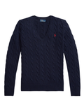 RALPH LAUREN WOMEN Cable-Knit Wool-Cashmere V-Neck Sweater Hunter Navy
