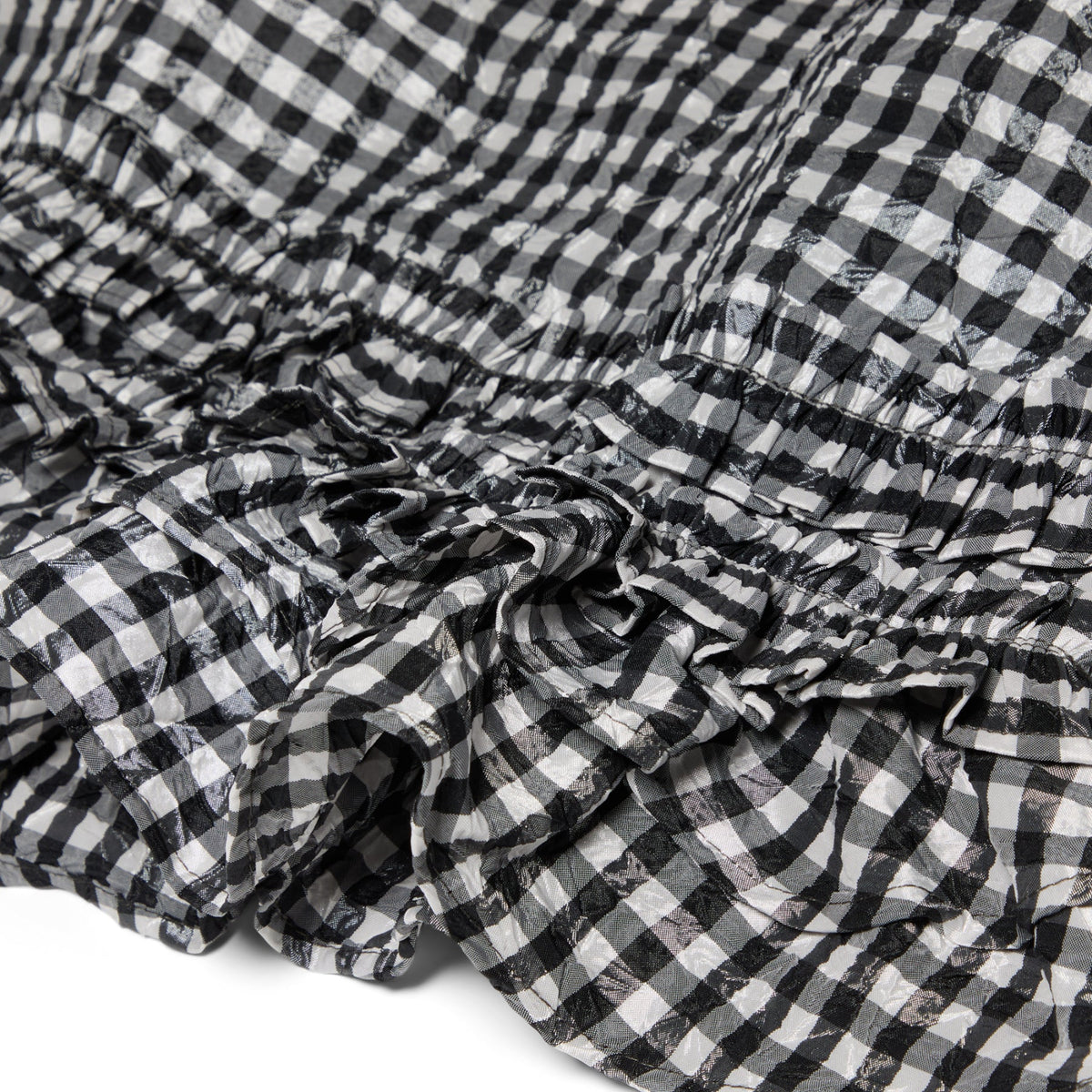 GANNI Crinkled Taffeta Check Open Back Frill Top (Black)